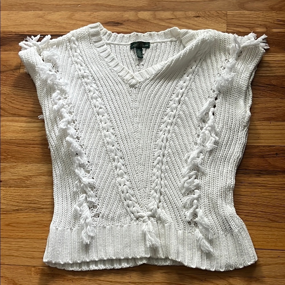LAUREN RALPH LAUREN white fringe sleeveless sweater size small